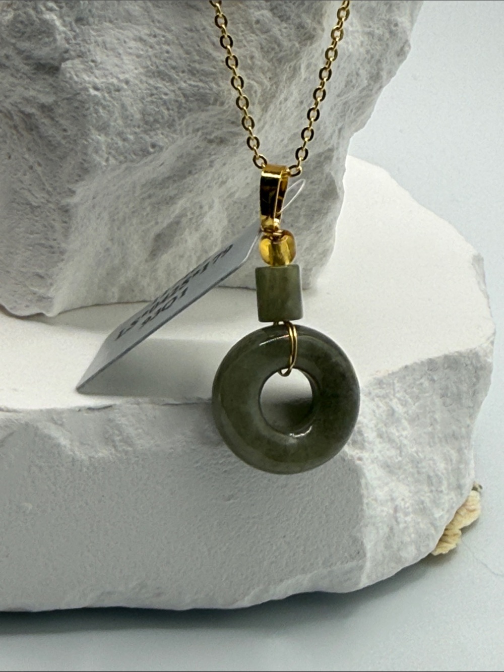 Gold Chain Green Jade Donut Pendant Necklace